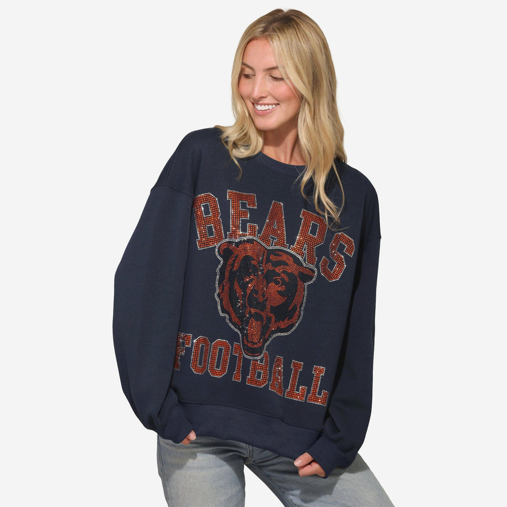 Chicago Bears Womens Rhinestone Logo Oversized Crew Neck Sweatshirt FOCO S - FOCO.com