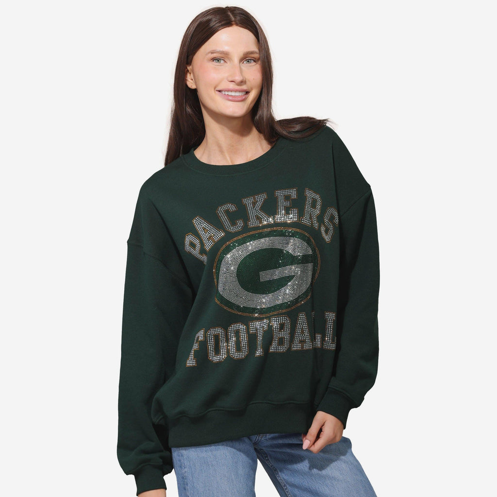 Green Bay Packers Womens Rhinestone Logo Oversized Crew Neck Sweatshirt FOCO S - FOCO.com