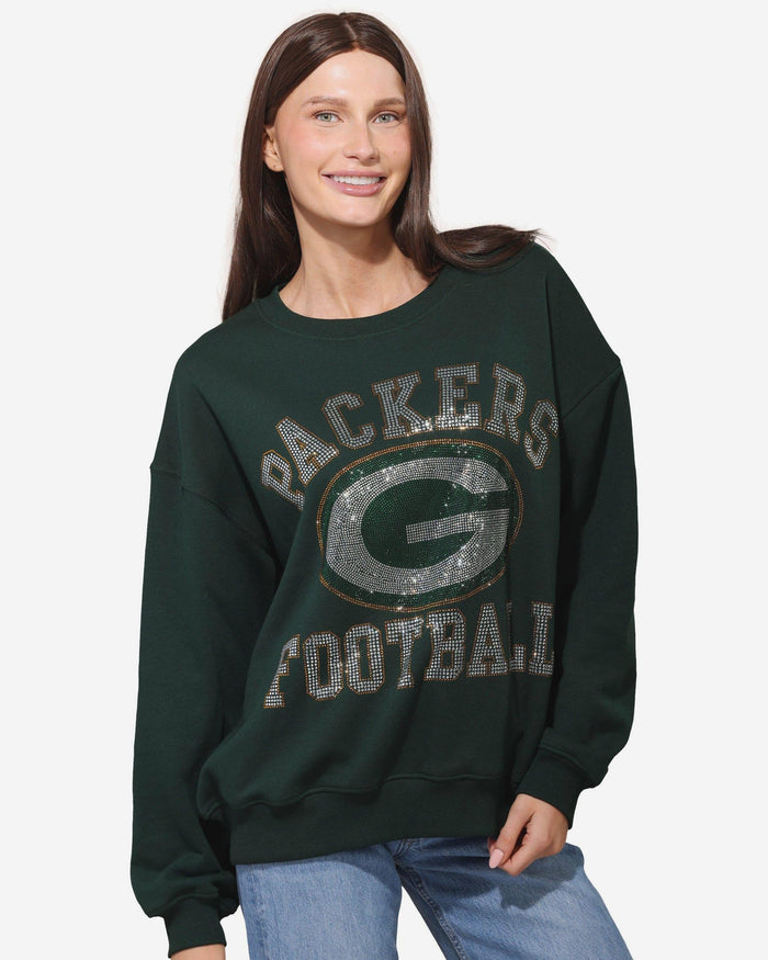 Green Bay Packers Womens Rhinestone Logo Oversized Crew Neck Sweatshirt FOCO S - FOCO.com