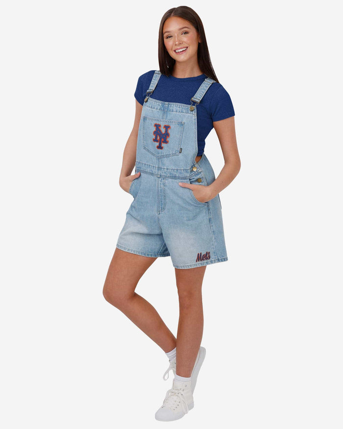 New York Mets Womens Big Logo Denim Bib Shortalls FOCO XS - FOCO.com