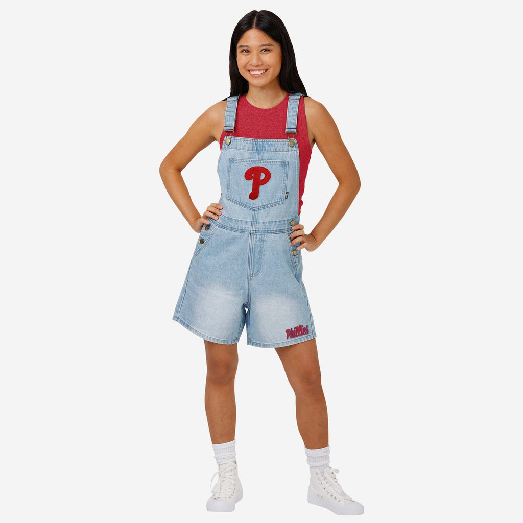 Philadelphia Phillies Womens Big Logo Denim Bib Shortalls FOCO S - FOCO.com