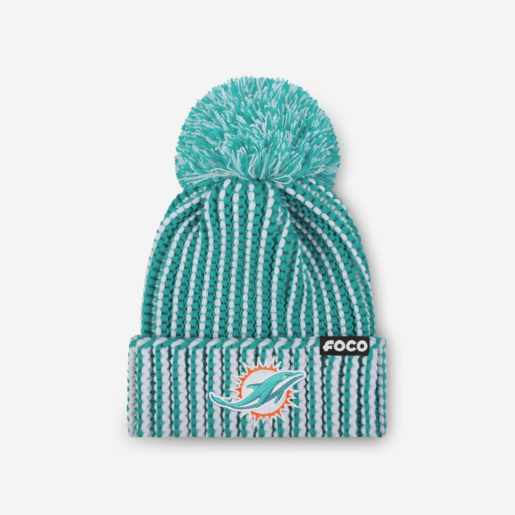 Miami Dolphins Primary Logo Vertical Knit Pom Beanie FOCO - FOCO.com