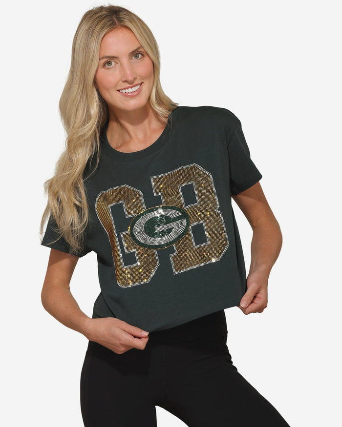 Green Bay Packers Womens Rhinestone Logo Crop Top FOCO S - FOCO.com