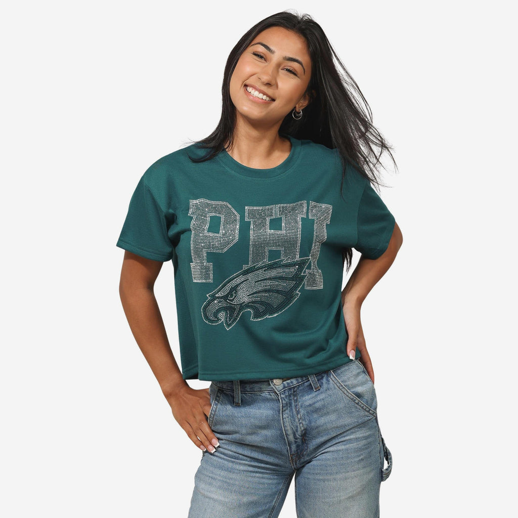 Philadelphia Eagles Womens Rhinestone Logo Crop Top FOCO S - FOCO.com