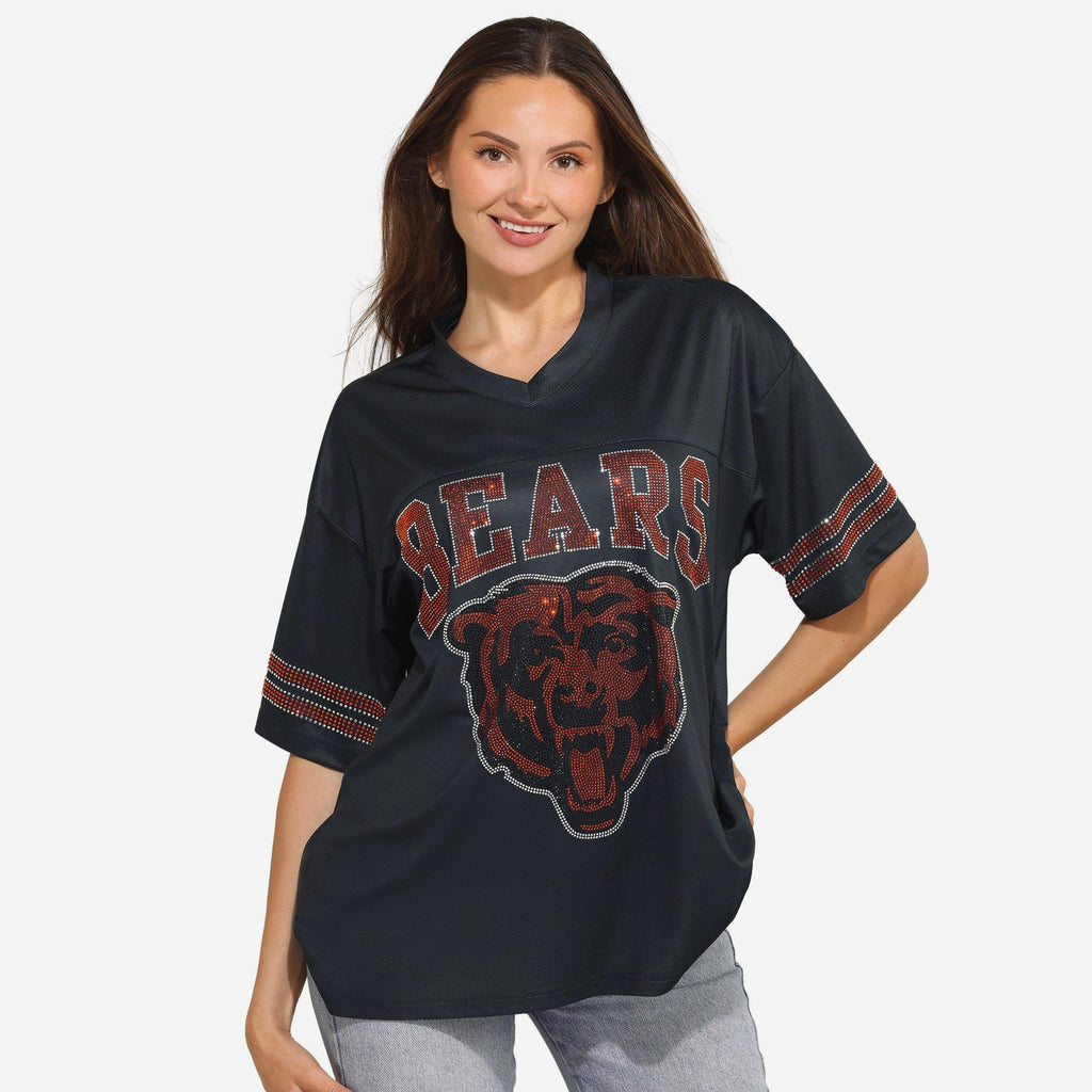 Chicago Bears Womens Rhinestone Logo Oversized V-Neck Mesh T-Shirt FOCO S - FOCO.com