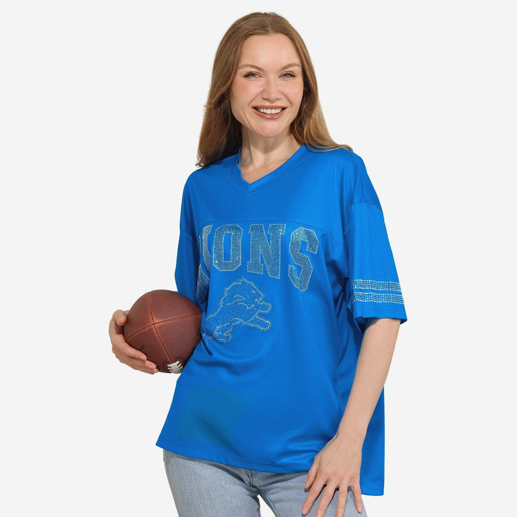 Detroit Lions Womens Rhinestone Logo Oversized V-Neck Mesh T-Shirt FOCO S - FOCO.com