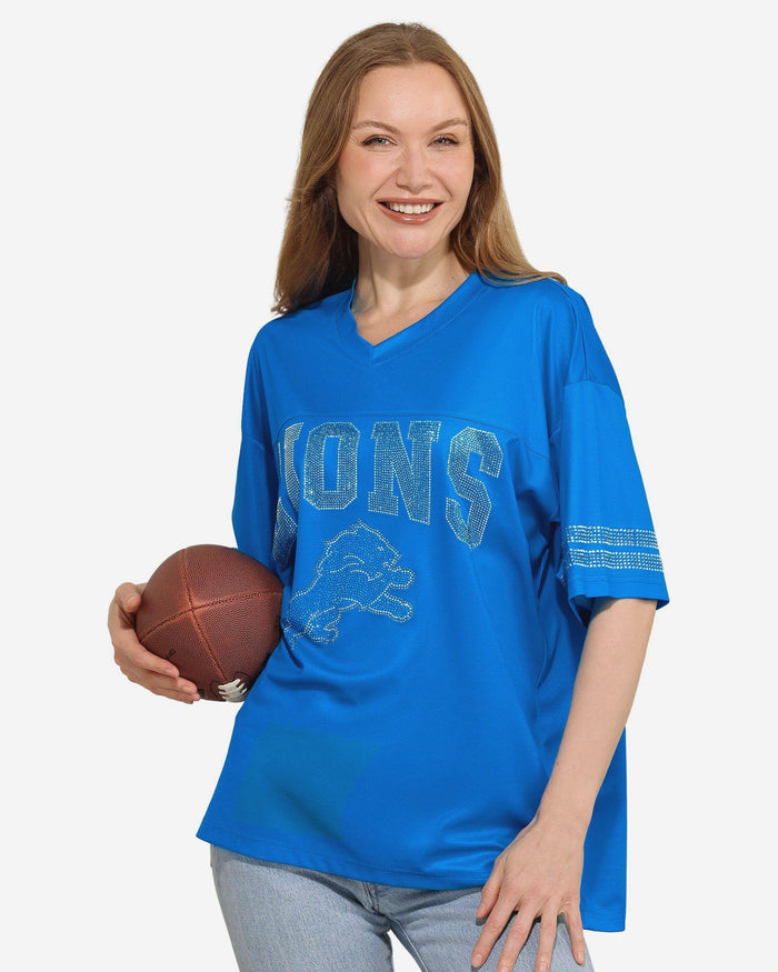 Detroit Lions Womens Rhinestone Logo Oversized V-Neck Mesh T-Shirt FOCO S - FOCO.com