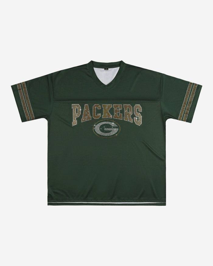 Green Bay Packers Womens Rhinestone Logo Oversized V-Neck Mesh T-Shirt FOCO S - FOCO.com