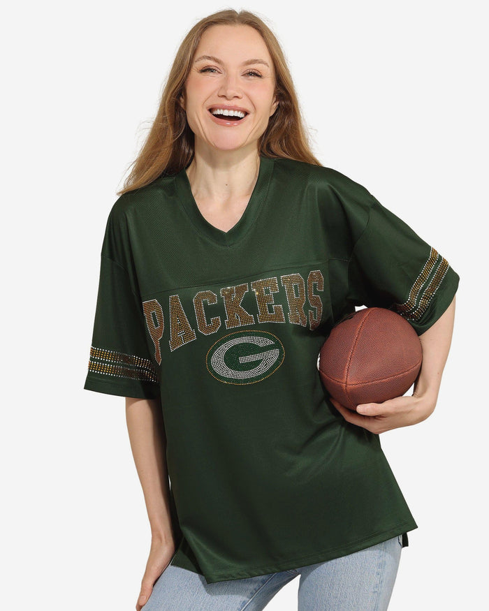 Green Bay Packers Womens Rhinestone Logo Oversized V-Neck Mesh T-Shirt FOCO S - FOCO.com
