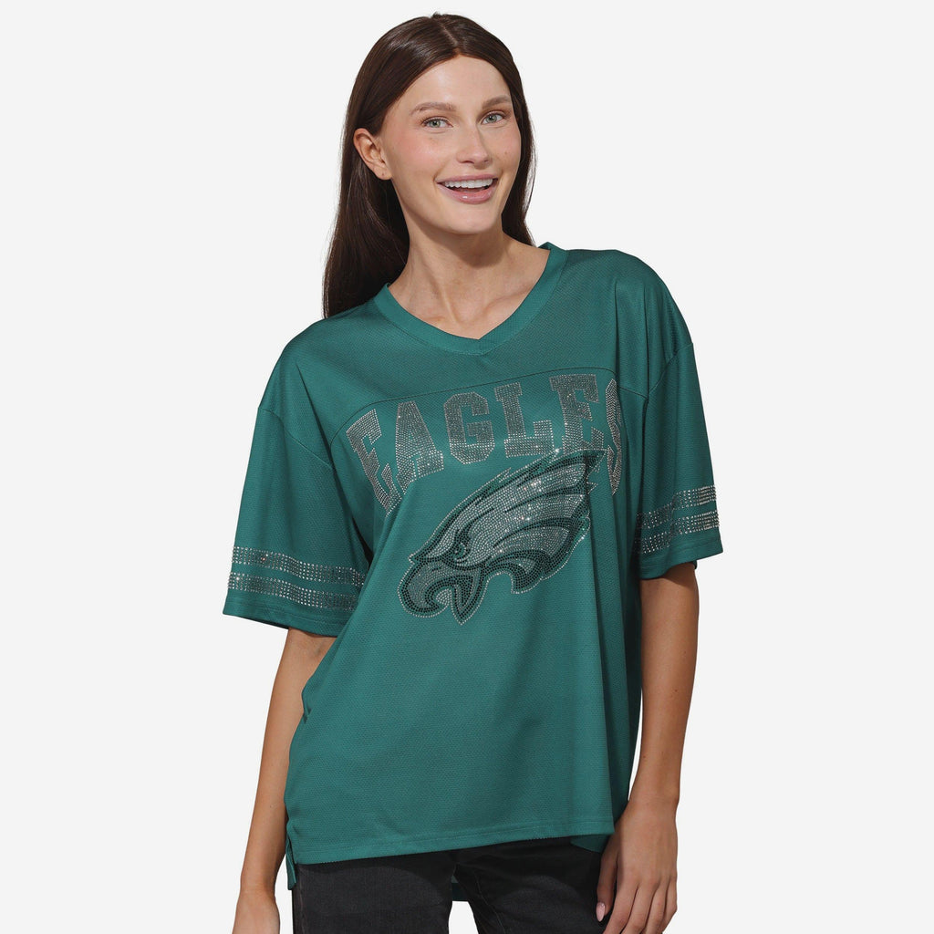 Philadelphia Eagles Womens Rhinestone Logo Oversized V-Neck Mesh T-Shirt FOCO S - FOCO.com