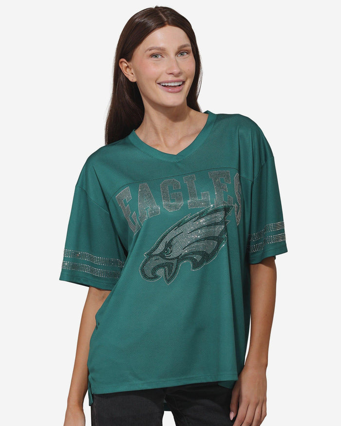 Philadelphia Eagles Womens Rhinestone Logo Oversized V-Neck Mesh T-Shirt FOCO S - FOCO.com