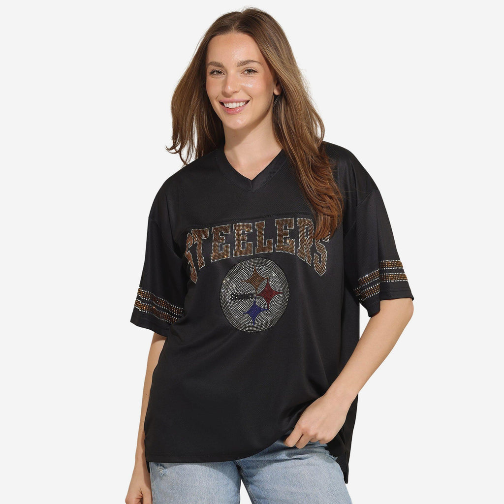 Pittsburgh Steelers Womens Rhinestone Logo Oversized V-Neck Mesh T-Shirt FOCO S - FOCO.com