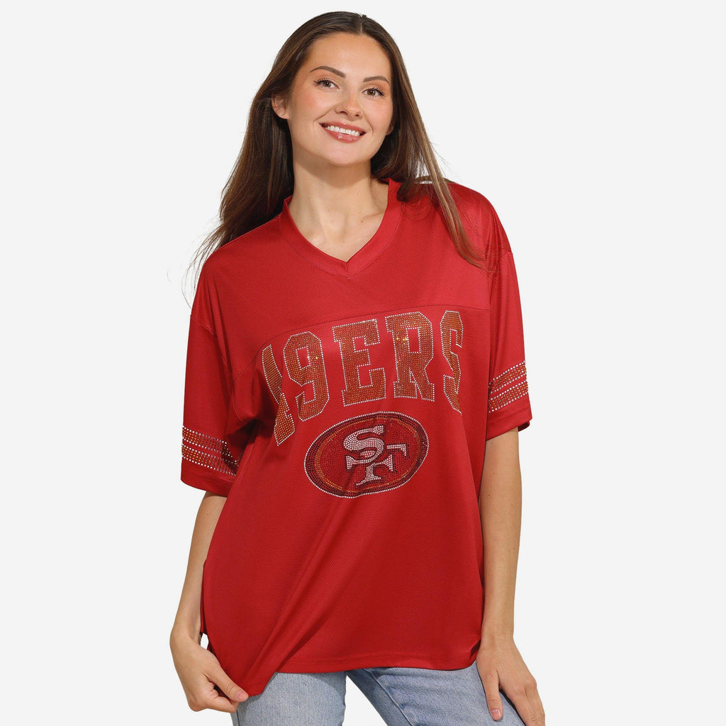 San Francisco 49ers Womens Rhinestone Logo Oversized V-Neck Mesh T-Shirt FOCO S - FOCO.com