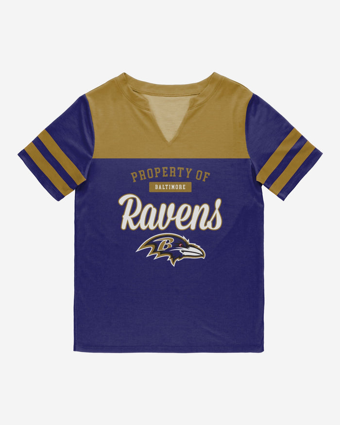 Baltimore Ravens Womens Team Stripe Property Of V-Neck T-Shirt FOCO - FOCO.com