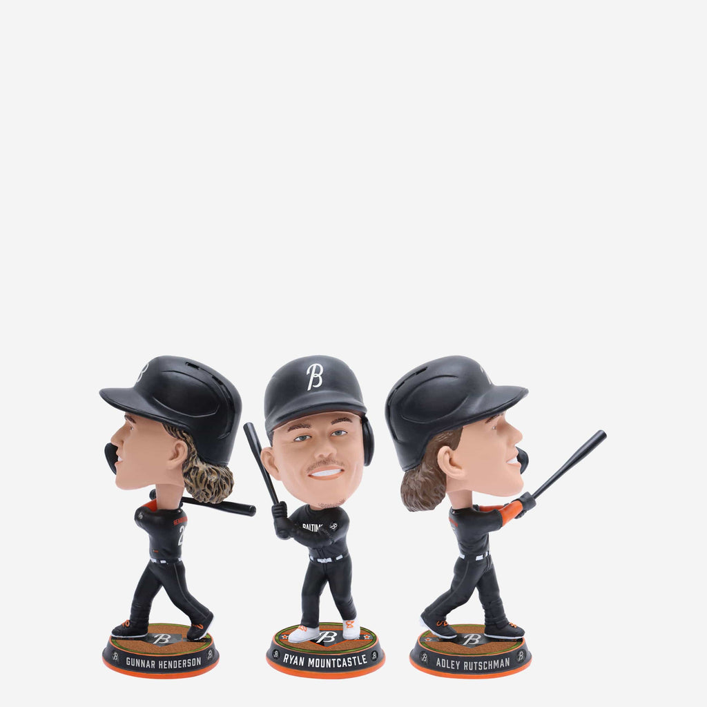 Adley Rutschman & Gunnar Henderson & Ryan Mountcastle Baltimore Orioles 3 Pack Field Stripe Mini Bighead Bobblehead Set FOCO - FOCO.com