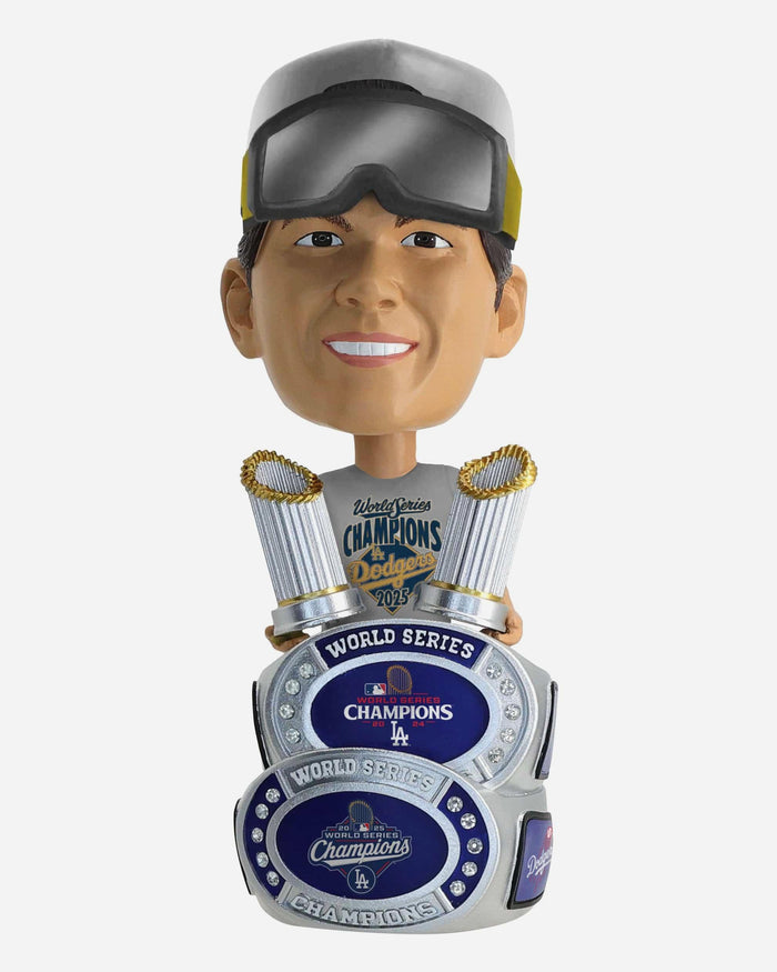 Yoshinobu Yamamoto Los Angeles Dodgers 2025 Back To Back World Series Champions Cap & Tee Bighead Bobblehead FOCO - FOCO.com