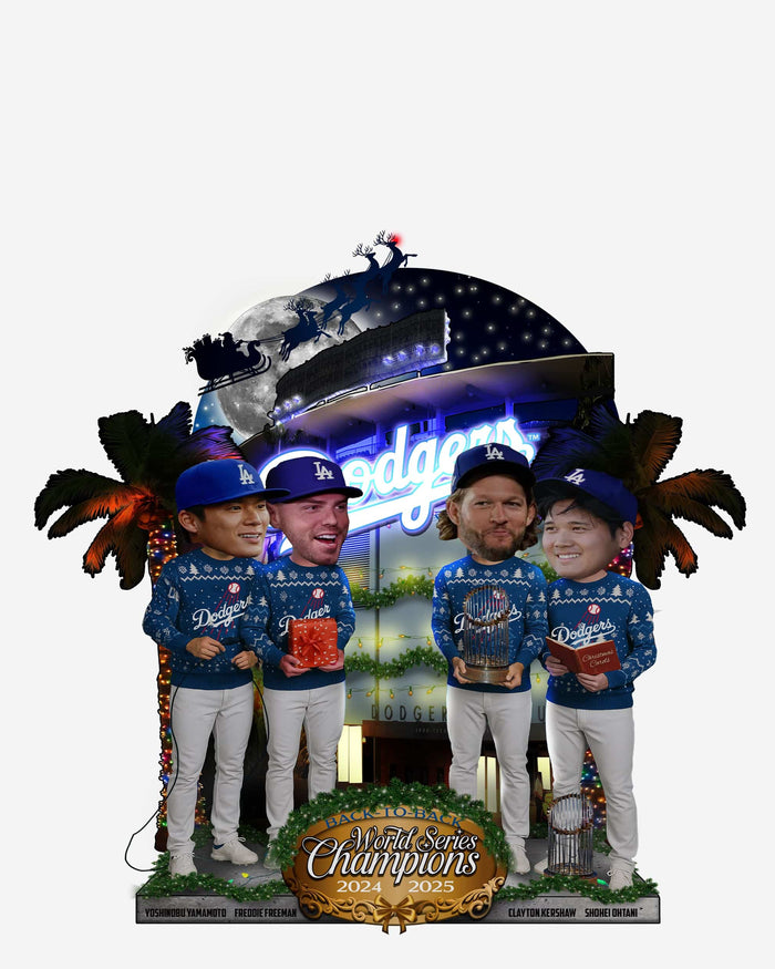 Los Angeles Dodgers 2025 World Series Back to Back Champions Christmas Mini Light Up Bobblehead Scene FOCO - FOCO.com