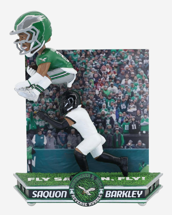 Saquon Barkley Philadelphia Eagles Reverse Hurdle Mini Bobblehead Scene FOCO - FOCO.com