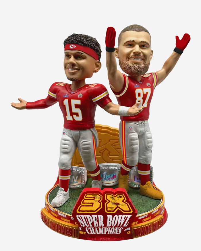 Patrick Mahomes & Travis Kelce Kansas City Chiefs 3x Super Bowl LVIII Champions Dual Bobblehead FOCO - FOCO.com