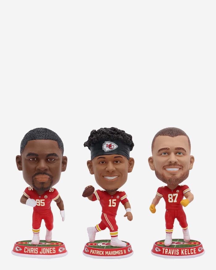 Patrick Mahomes & Travis Kelce & Chris Jones Kansas City Chiefs 3 Pack Field Stripe Mini Bighead Bobblehead Set FOCO - FOCO.com