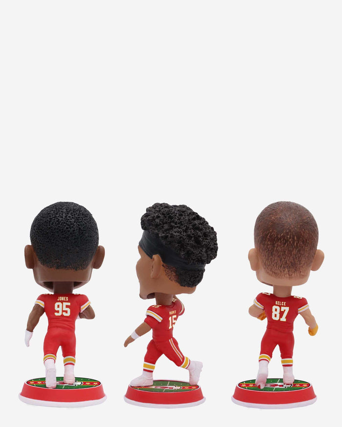 Patrick Mahomes & Travis Kelce & Chris Jones Kansas City Chiefs 3 Pack Field Stripe Mini Bighead Bobblehead Set FOCO - FOCO.com