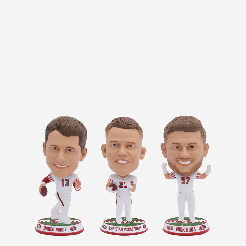 Brock Purdy & Christian McCaffrey & Nick Bosa San Francisco 49ers 3 Pack Field Stripe Mini Bighead Bobblehead Set FOCO - FOCO.com