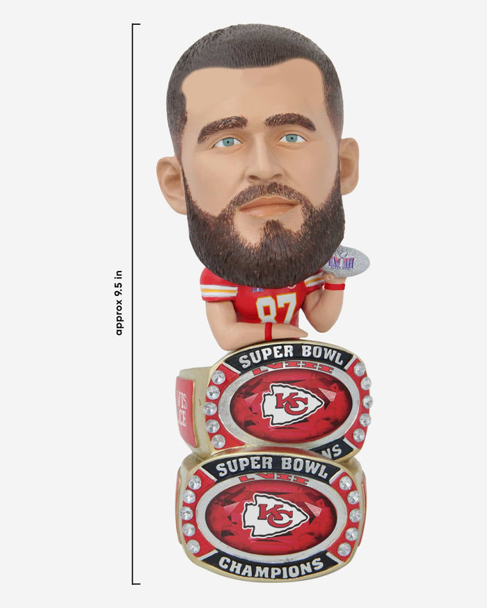 Travis Kelce Kansas City Chiefs Super Bowl LVIII Champions Double Ring Base Bighead Bobblehead FOCO - FOCO.com