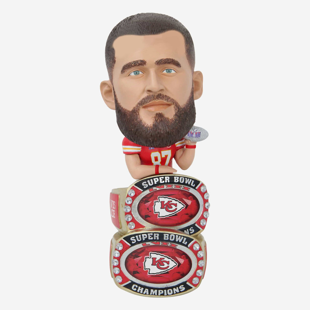 Travis Kelce Kansas City Chiefs Super Bowl LVIII Champions Double Ring Base Bighead Bobblehead FOCO - FOCO.com
