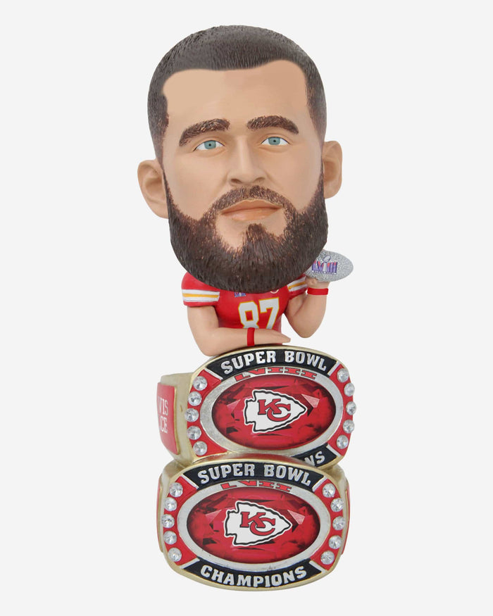 Travis Kelce Kansas City Chiefs Super Bowl LVIII Champions Double Ring Base Bighead Bobblehead FOCO - FOCO.com