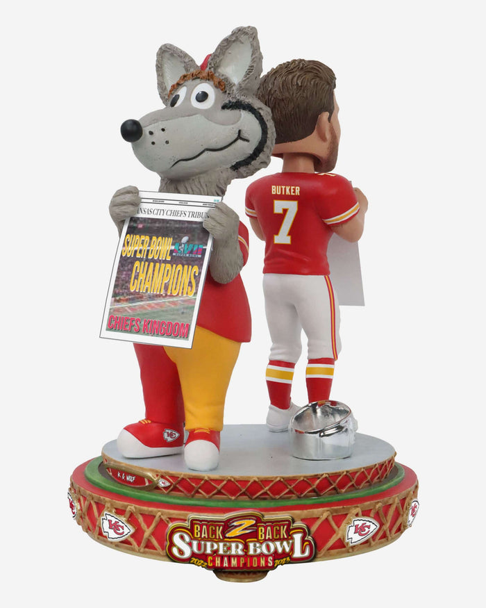 Harrison Butker & KC Wolf Kansas City Chiefs Super Bowl LVIII Champions Dual Spinner Bobblehead FOCO - FOCO.com