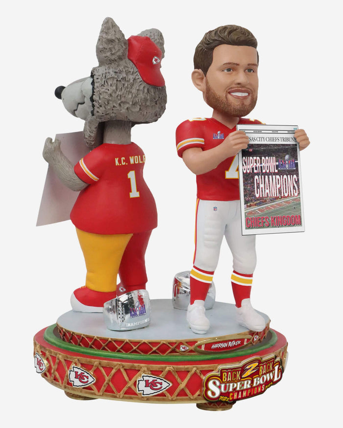 Harrison Butker & KC Wolf Kansas City Chiefs Super Bowl LVIII Champions Dual Spinner Bobblehead FOCO - FOCO.com