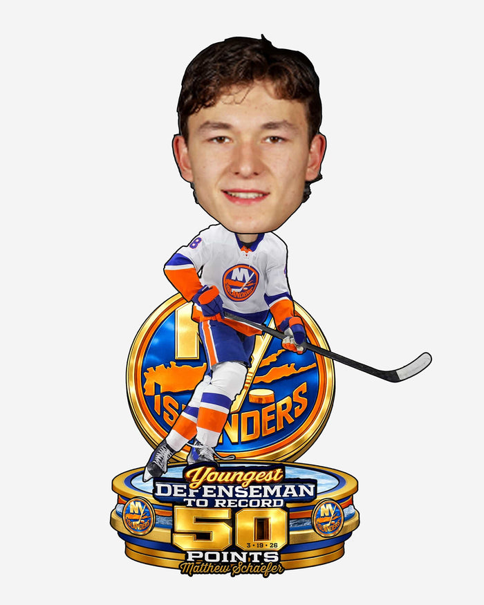 Matthew Schaefer New York Islanders Youngest Defenseman to 50 Points Bobblehead FOCO - FOCO.com