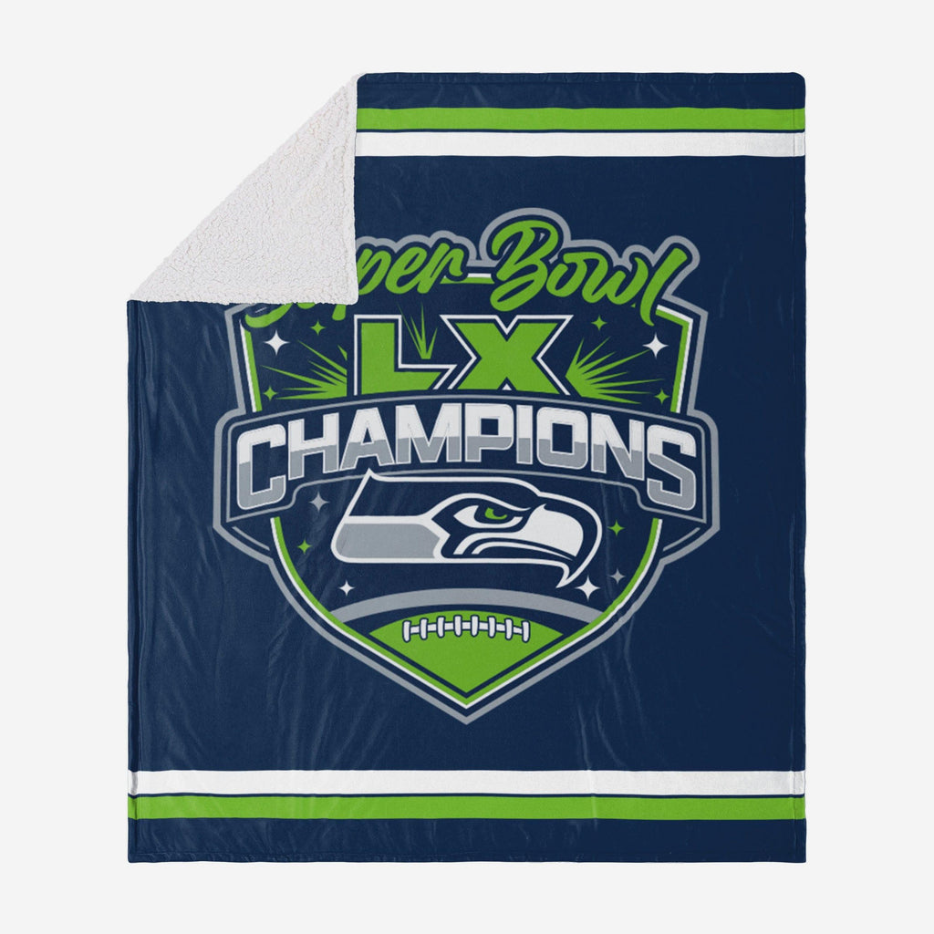 Seattle Seahawks Super Bowl LX Champions Blanket With Sherpa FOCO - FOCO.com