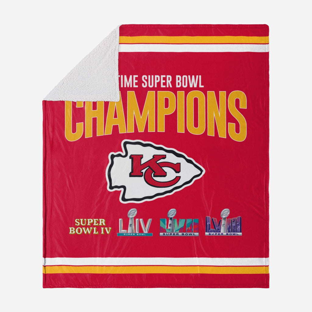 Kansas City Chiefs Super Bowl LVIII Champions Multi-Champ Sherpa Blanket FOCO - FOCO.com