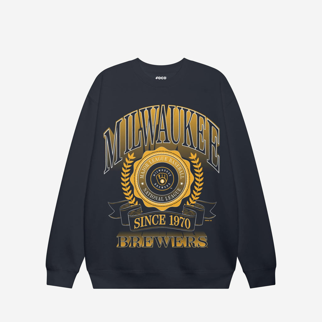 Milwaukee Brewers Banner Crest Crew Neck Sweatshirt FOCO S - FOCO.com