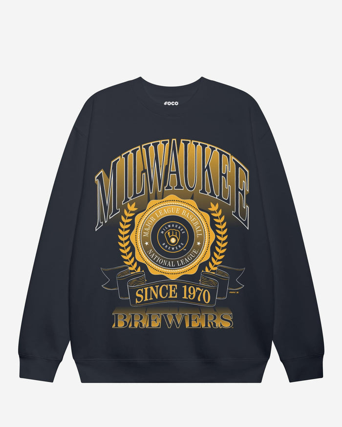 Milwaukee Brewers Banner Crest Crew Neck Sweatshirt FOCO S - FOCO.com