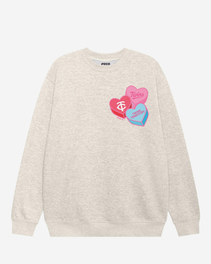 Minnesota Twins Candy Heart Crew Neck Sweatshirt FOCO Oatmeal Heather S - FOCO.com