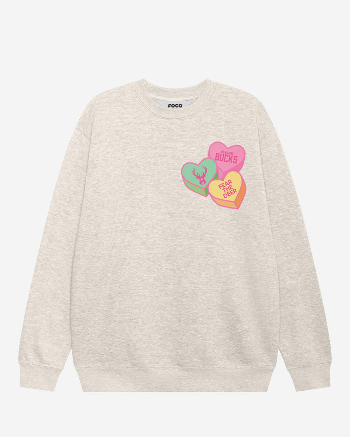 Milwaukee Bucks Candy Heart Crew Neck Sweatshirt FOCO Oatmeal Heather S - FOCO.com