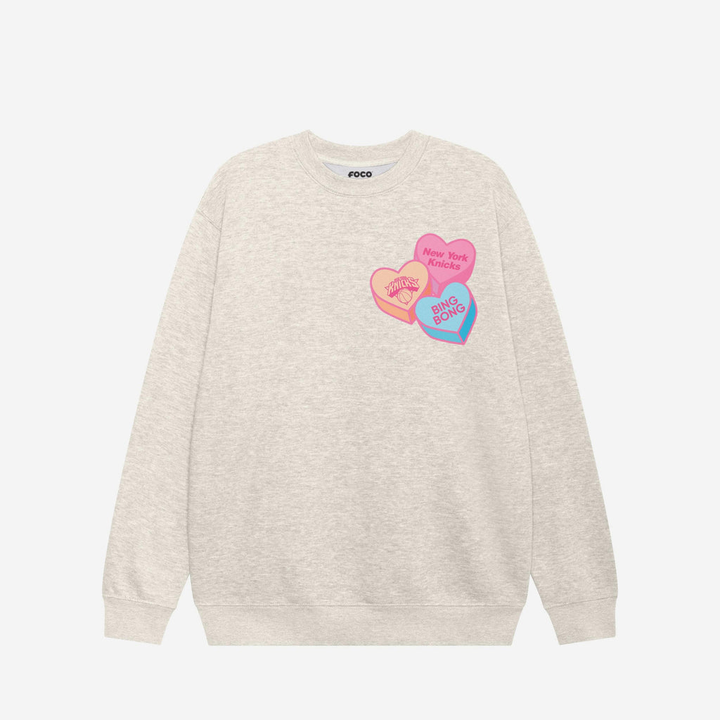 New York Knicks Candy Heart Crew Neck Sweatshirt FOCO Oatmeal Heather S - FOCO.com