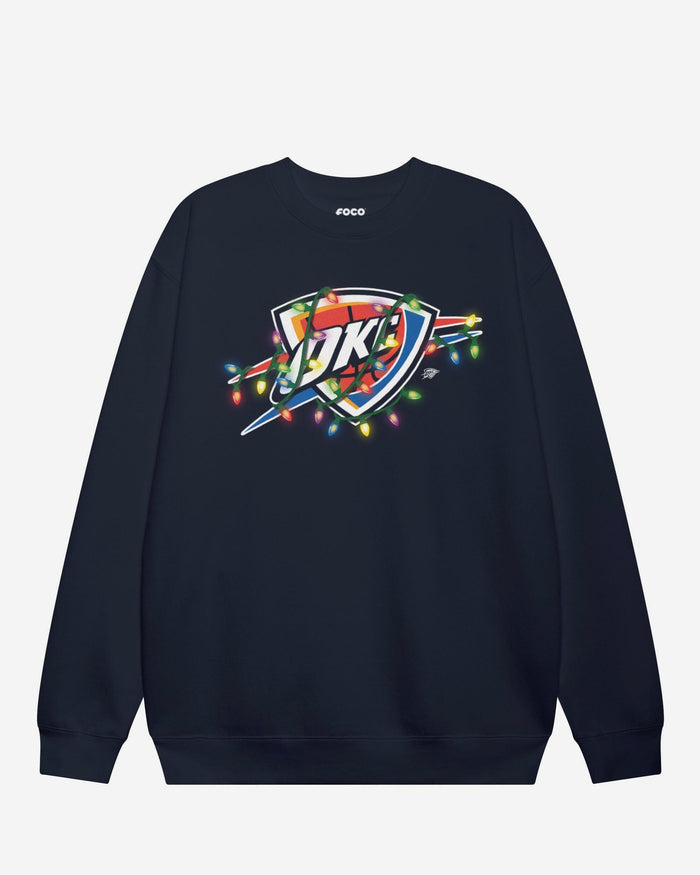 Oklahoma City Thunder Primary Logo Holiday Lights Crew Neck Sweatshirt FOCO Black S - FOCO.com