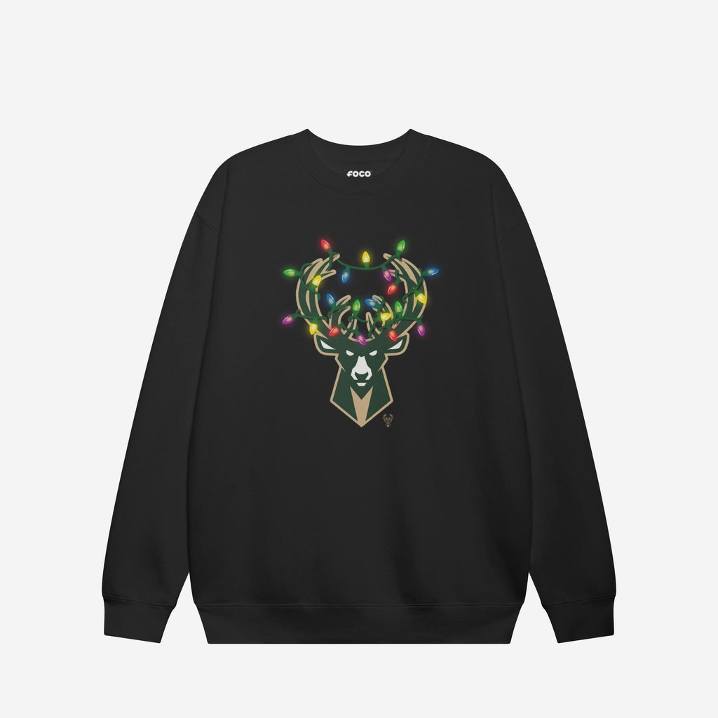 Milwaukee Bucks Primary Logo Holiday Lights Crew Neck Sweatshirt FOCO S - FOCO.com
