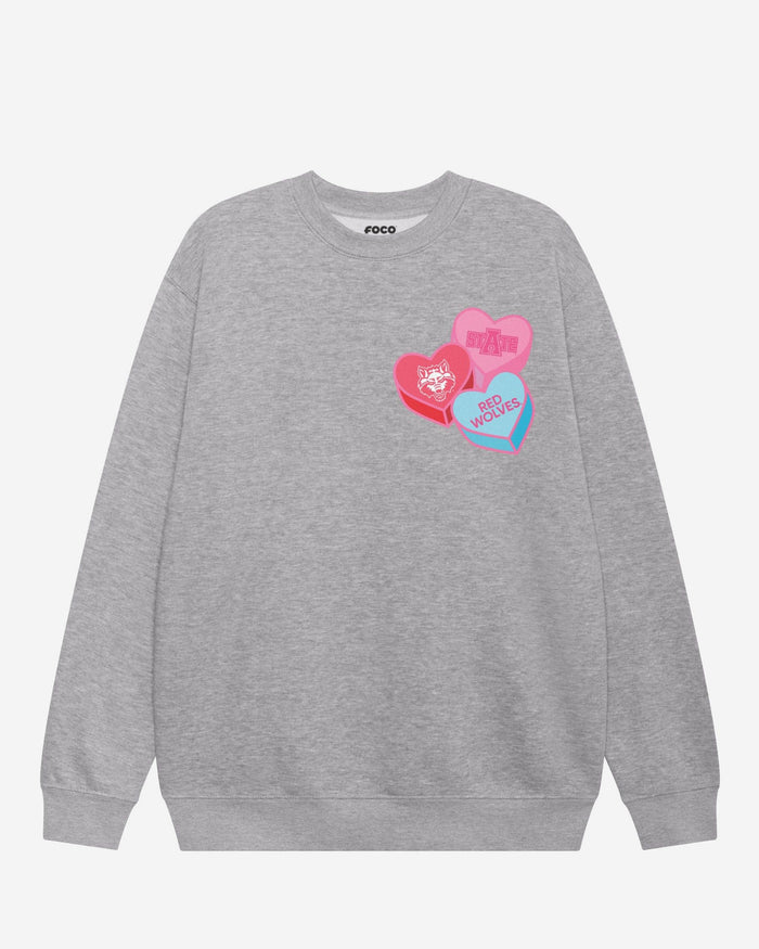 Arkansas State Red Wolves Candy Heart Crew Neck Sweatshirt FOCO Athletic Heather S - FOCO.com