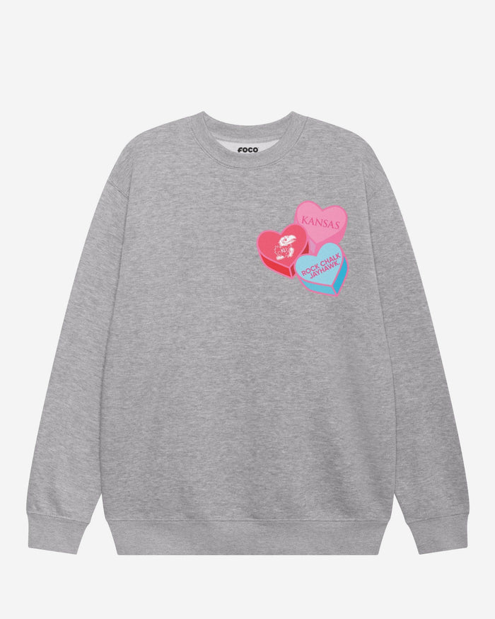 Kansas Jayhawks Candy Heart Crew Neck Sweatshirt FOCO Athletic Heather S - FOCO.com