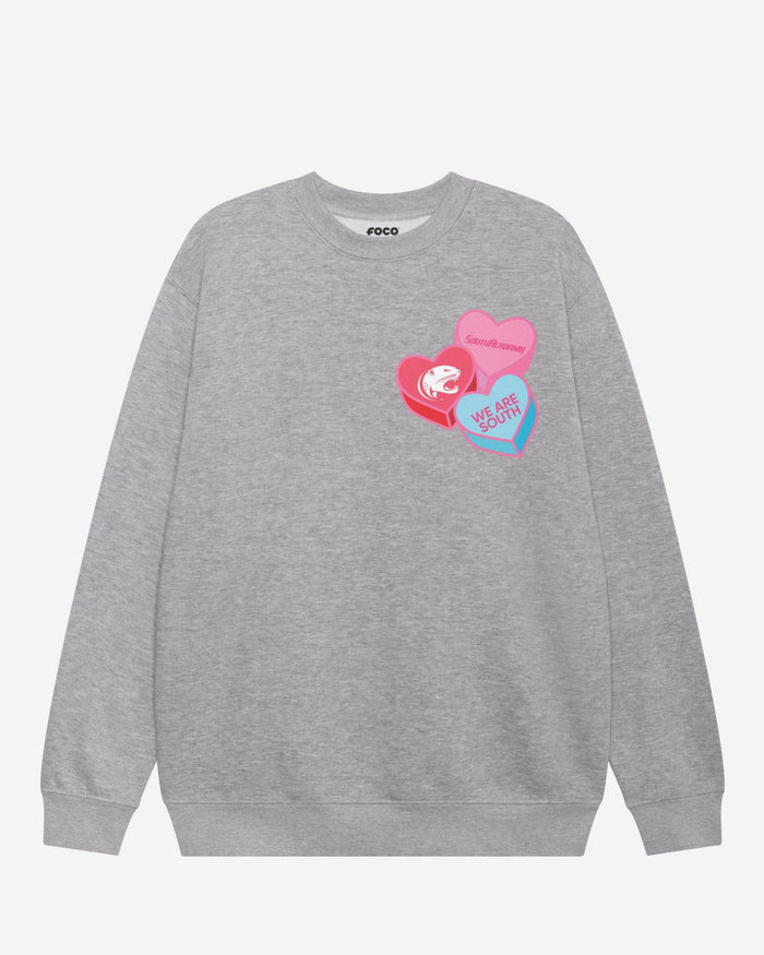 South Alabama Jaguars Candy Heart Crew Neck Sweatshirt FOCO Athletic Heather S - FOCO.com