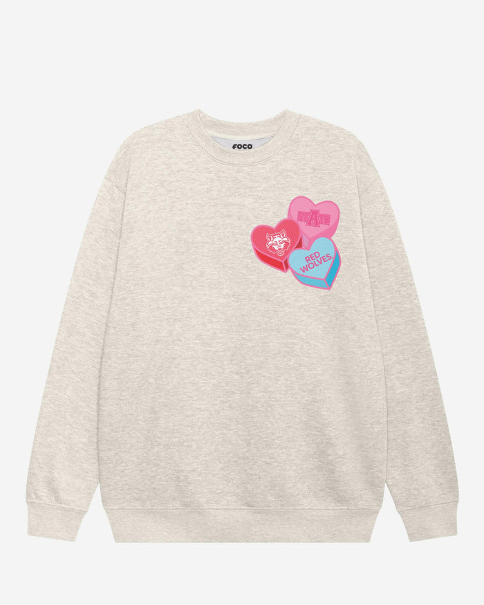 Arkansas State Red Wolves Candy Heart Crew Neck Sweatshirt FOCO Oatmeal Heather S - FOCO.com
