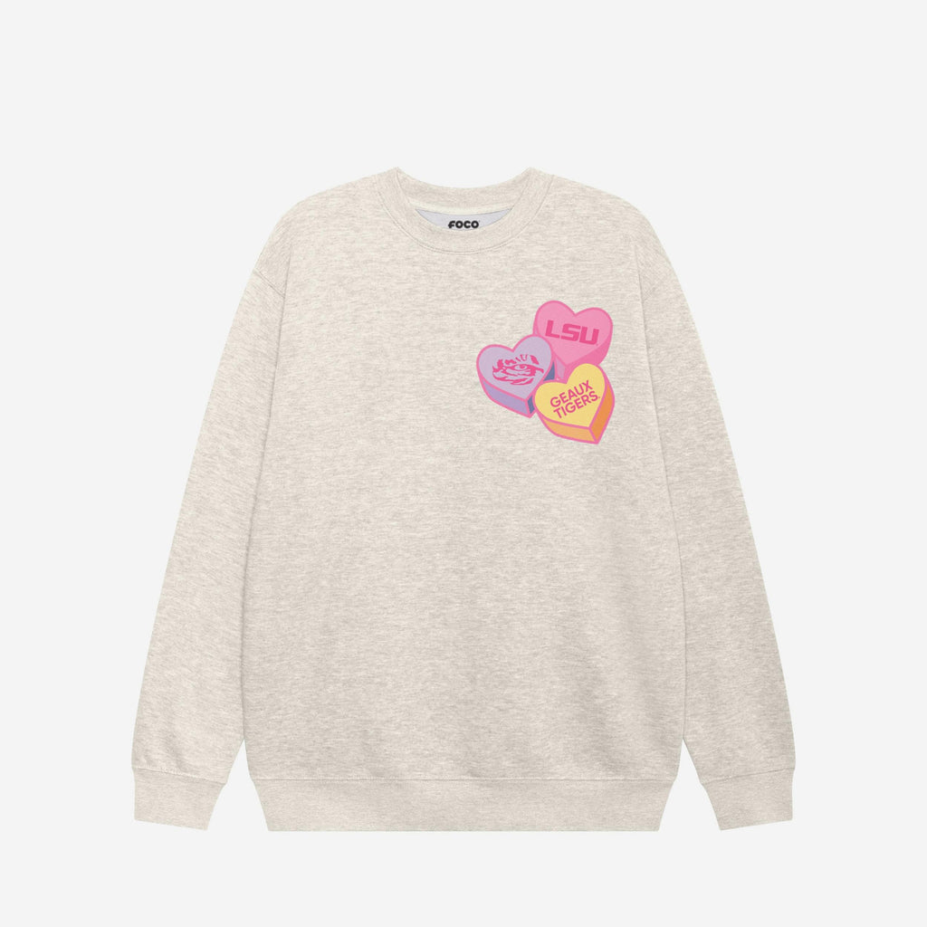 LSU Tigers Candy Heart Crew Neck Sweatshirt FOCO Oatmeal Heather S - FOCO.com
