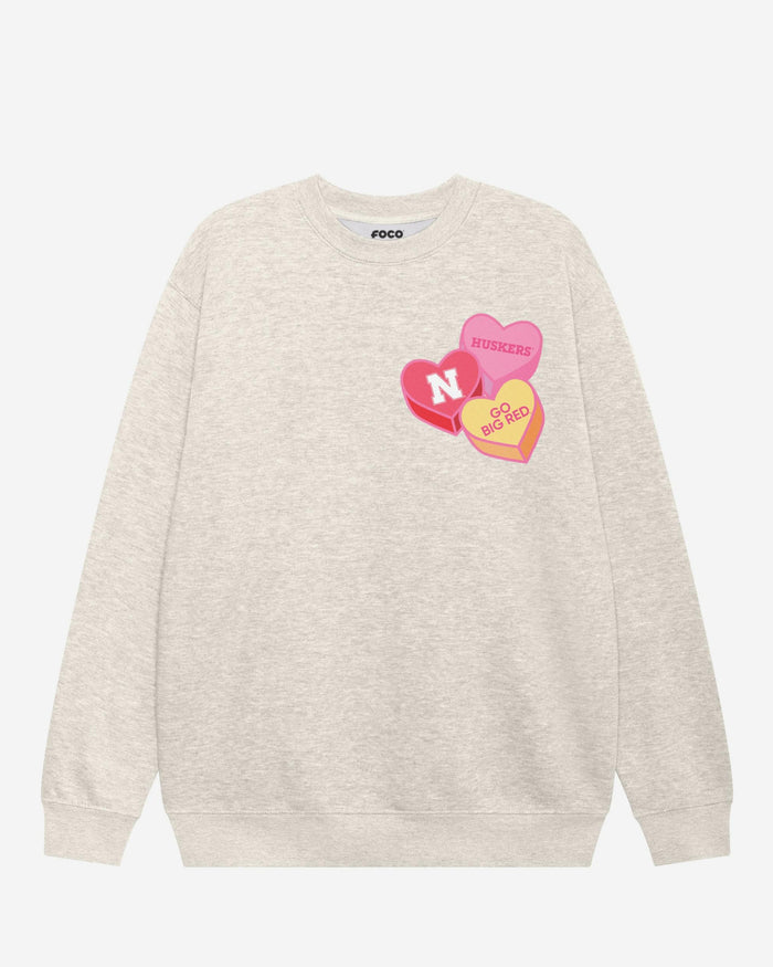 Nebraska Cornhuskers Candy Heart Crew Neck Sweatshirt FOCO Oatmeal Heather S - FOCO.com