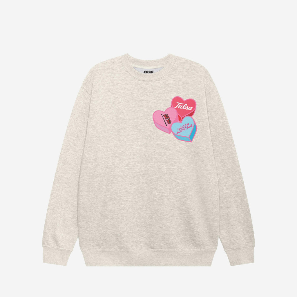 Tulsa Golden Hurricane Candy Heart Crew Neck Sweatshirt FOCO Oatmeal Heather S - FOCO.com