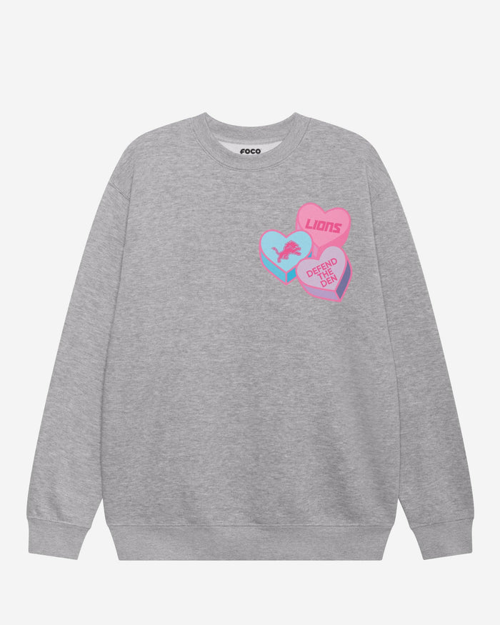 Detroit Lions Candy Heart Crew Neck Sweatshirt FOCO Athletic Heather S - FOCO.com