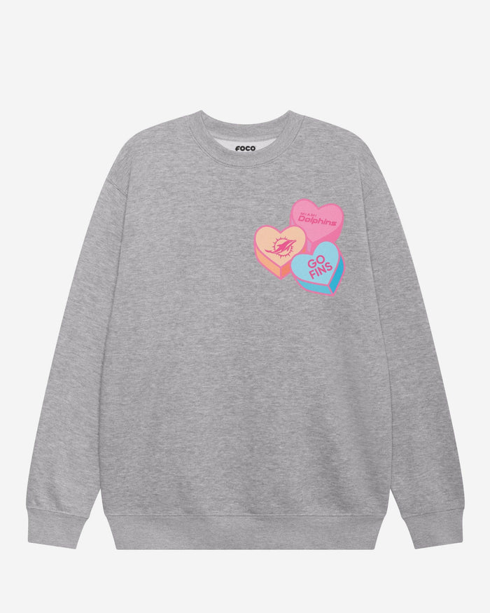 Miami Dolphins Candy Heart Crew Neck Sweatshirt FOCO Athletic Heather S - FOCO.com